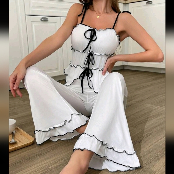 Other - Women 2pcs/Set Bowknot-Up Contrast Trim Cami Tank Top And Long Pants Pajama Set
